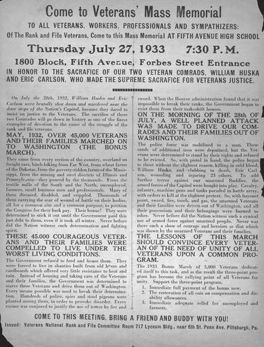 Come to the Veterans' Mass Memorial announcement