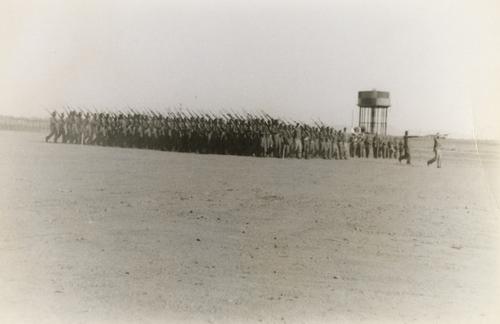 Wide Angle View of Soldiers Walking across Field with Rifles