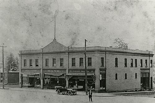 Grocery, First National Bank and Drugstore