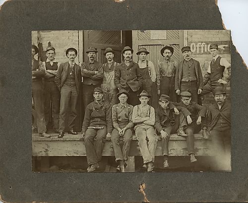 Beadling miners outside of the Nixon Electric Repair Shop, closer view