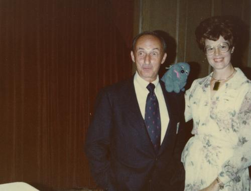 Frank J. Donahue and Lynn Wohleber with "Sammy the Christmas Seal"