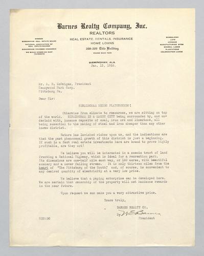 Letter from Barnes Realty Co. to Kennywood