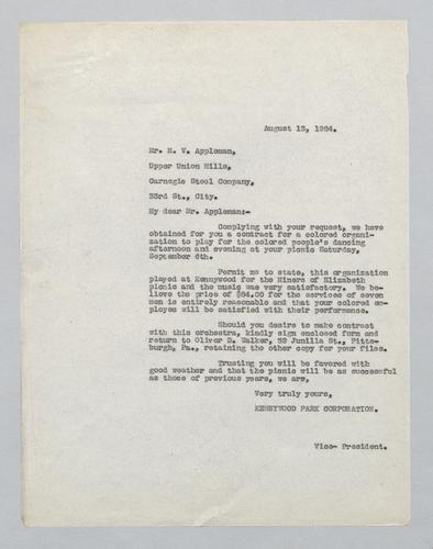 Letter from Kennywood to Carnegie Steel Company