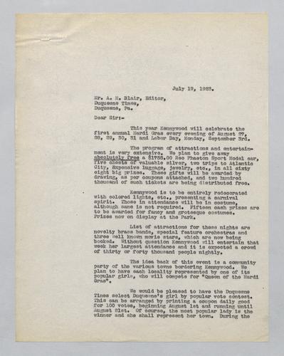 Letter from Kennywood to Duquesne Times