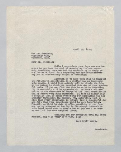 Letter from Kennywood to Olentangy Park