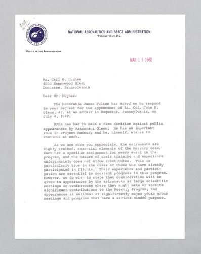 Letter from National Aeronautics and Space Administration (NASA) to Kennywood
