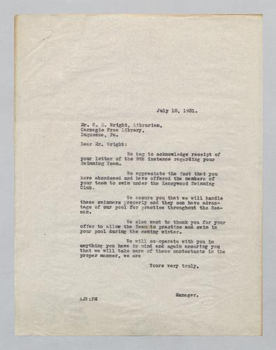 Reply from Kennywood to Carnegie Free Library