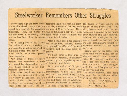 Steelworker remembers other struggles
