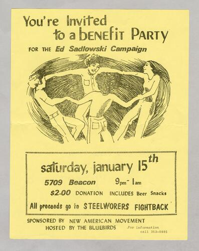 Benefit party for Steelworkers Fightback flyer