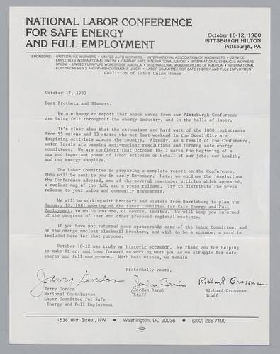 Harrisburg Anti-Nuclear Demonstration Letter