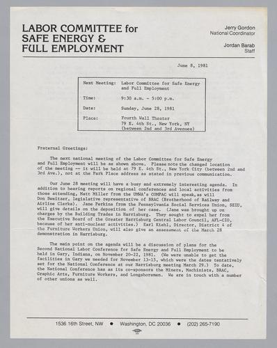 Labor Committee for Safe Energy and Full Employment Letter