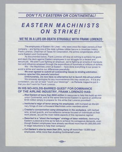 "Eastern Machinists on Strike" Flyer