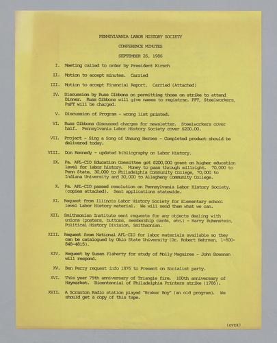 Pennsylvania Labor History Society Confernece Minutes