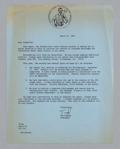 Pennsylvania Labor History Society Supporter Letter