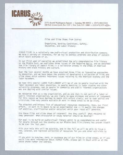 Icarus Films Labor Film Library Papers