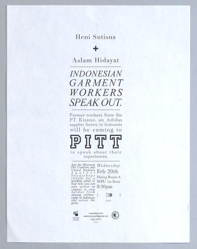 "Heni Sutisna + Aslam Hidayat: Indonesian Garment Workers Speak Out" Flyer