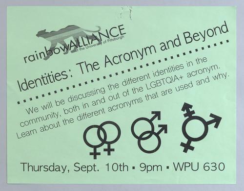Rainbow Alliance "Identities: The Acronym and Beyond" Flyer