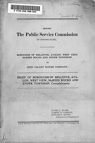 Boroughs of Bellevue, Avalon, West View, McKees Rocks and Stowe Township vs. Ohio Valley Water Company