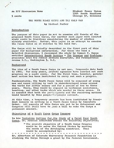 "The Youth Peace Corps and the Cold War" Memo