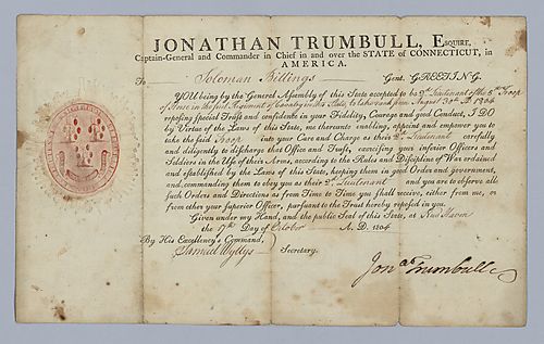 Soloman Billings, Connecticut militia commission from Jonathan Trumbull