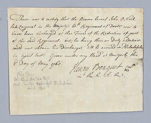 Henry Bouquet, Certificate of discharge from regiment for John O' Neil