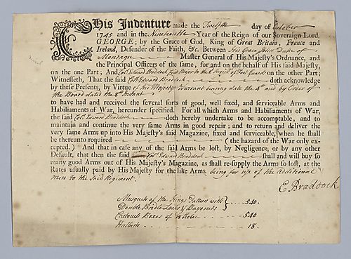 Edward Braddock, Great Britain army indenture for arms