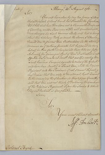 Jeffery Amherst, 1st Baron Amherst to Colonel Byrd
