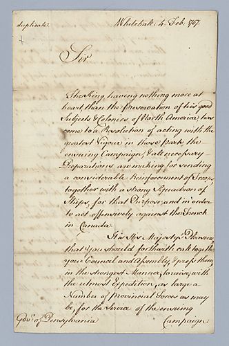 William Pitt to the Governor of Pennsylvania