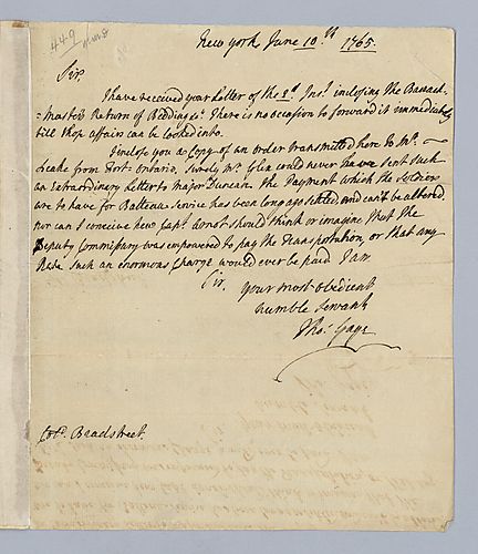 Thomas Gage to John Bradstreet, June 10, 1765