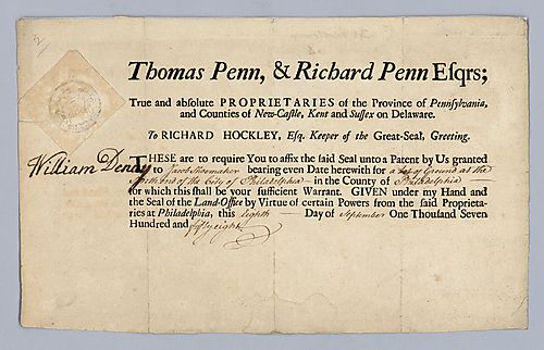 William Denny to Jacob Shoemaker, Pennsylvania Land patent