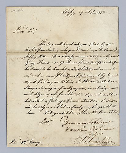 Benjamin Franklin to Rev. Mr. Ewing