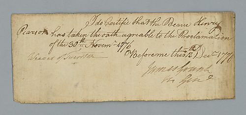 Henry Pearson, Certification of oath of allegiance to King