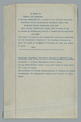 Pennsylvania Historical Commission, Transcript of text Honoring Gen. John Armstrong