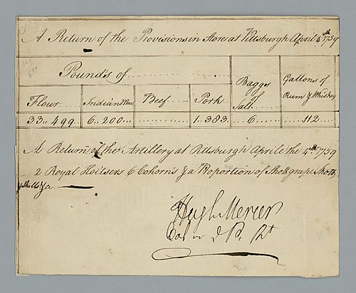Pennsylvania, Militia list of returned provisions in store at Pittsburgh signed by Hugh Mercer, April 4, 1759