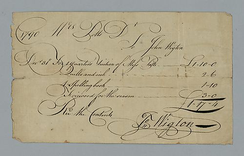 Mrs. Potts, Receipt of payment for tuition and supplies to John Wigton