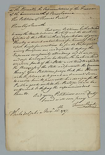 Thomas Priest, Petition to the representatives of the freemen of Pennsylvania