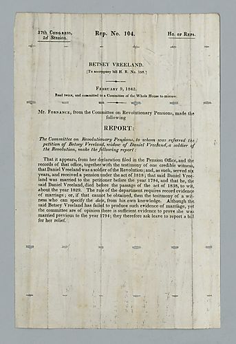 United States 27th Congress House Committee on Revolutionary pensions, Report on petition of Betsey Vreeland