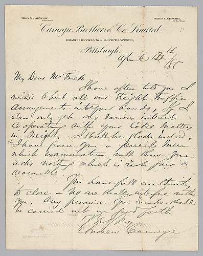 Carnegie discusses hopeful cooperation between his various interests and Frick's coke interests in freight trafficking