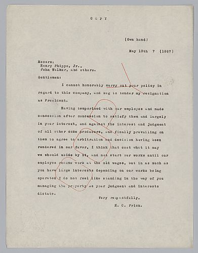 Writing to inform of his decision to resign as president of the Henry Clay Frick Coke Company