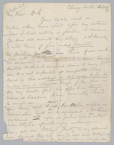 Writing from Cluny Castle, [Scotland], Carnegie discusses a pending sale with Pennsylvania Railroad. Letter is attached to Andrew Carnegie and Henry Clay Frick, May 1, 1888