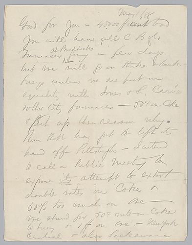 Carnegie voices his concern over the rates Pennsylvania Railroad are charging for shipment of coke and ore