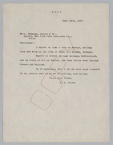 Frick writes and informs his insurance company that he is planning a trip to Europe