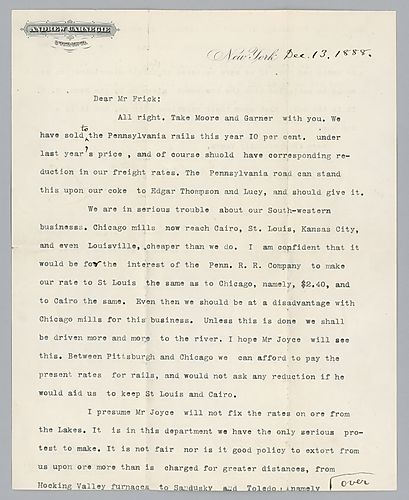 Writing from New York, Carnegie informs Frick of his concern about their Southwestern business. Also, Carnegie voices a protest about the rates Pennsylvania Railroad are charging to transport ore from the [Great] Lakes