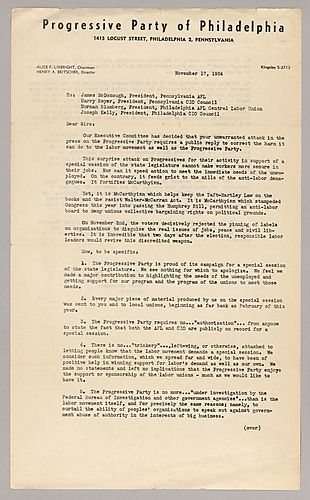 Progressive Party of Philadelphia Letter