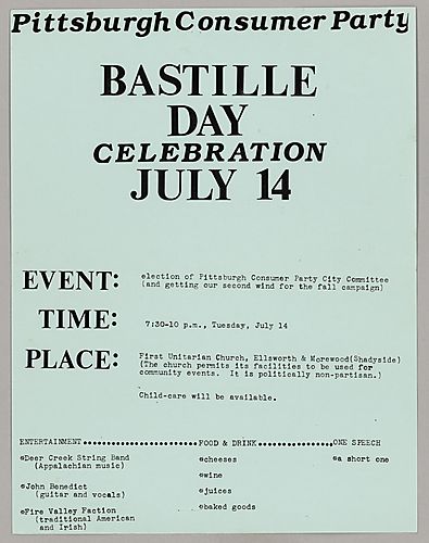 Flyer for Pittsburgh Consumer Party's Bastille Day Celebration