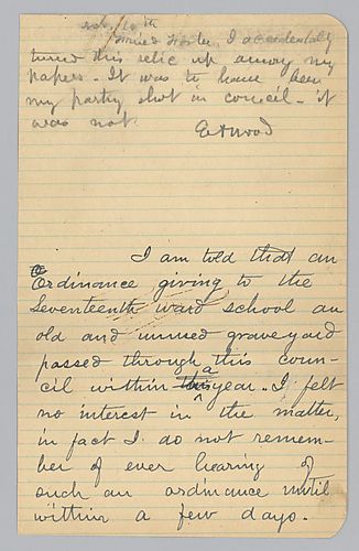 Journal sheets of speech denouncing the 17th Ward School being allowed to build on the burial ground