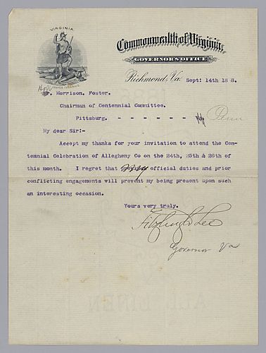 Letter from Governor Fitzhugh Lee (VA) to Morrison Foster