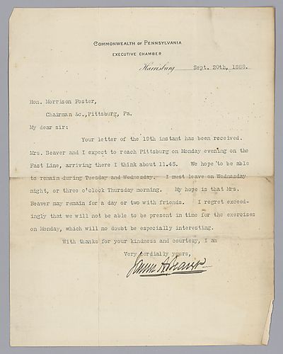 Letter from Governor James Beaver (PA) to Morrison Foster