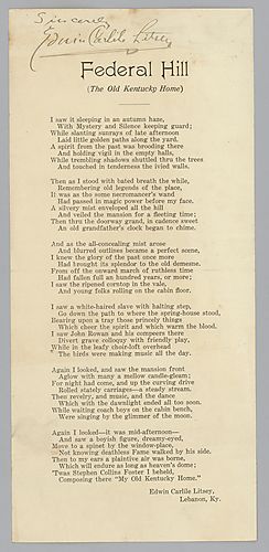 Typed poem, "Federal Hill (My Old Kentucky Home)" signed by Edwin Carlisle Litsey