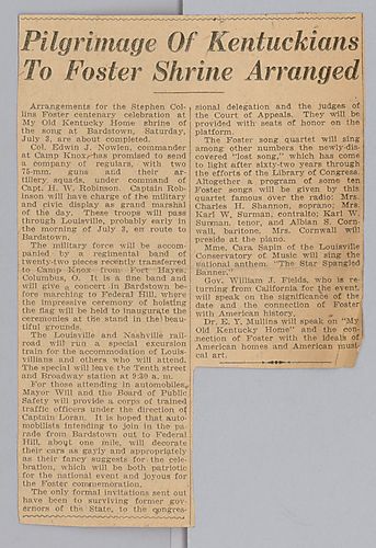 Article: "Pilgrimage of Kentuckians to Foster Shrine Arrange"